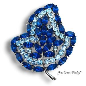 2.75" Weiss‎ Blue Rhinestone Leaf Brooch